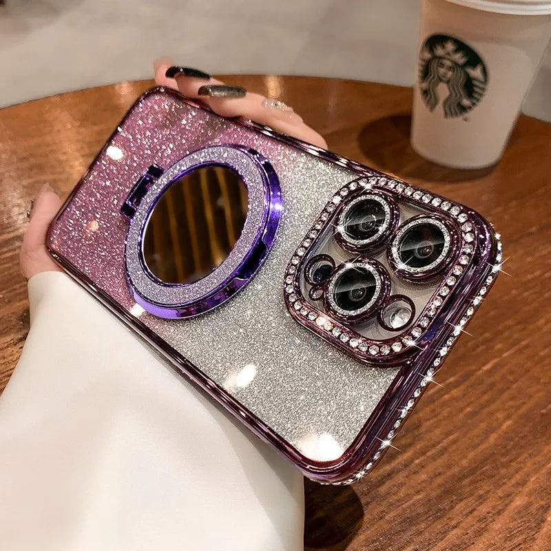 Funda Transparente Brillante con Diamantes y Soporte Magnético – Compatible con MagSafe para iPhone