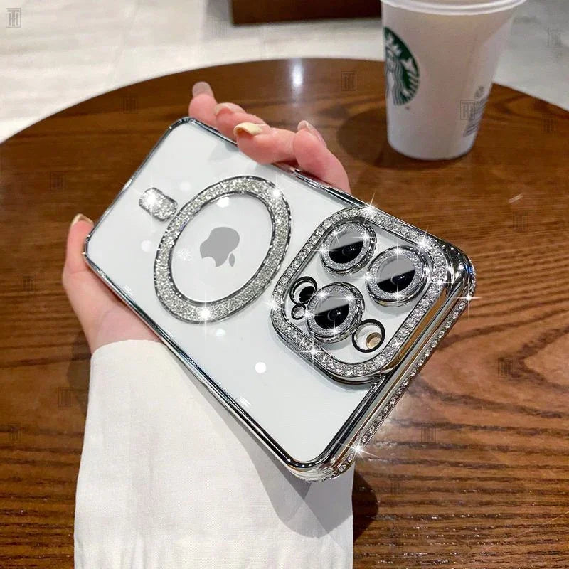 Funda con Brillantes y Strass para iPhone – Transparente, con MagSafe y Protección de Lente