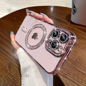 Funda con Brillantes y Strass para iPhone – Transparente, con MagSafe y Protección de Lente