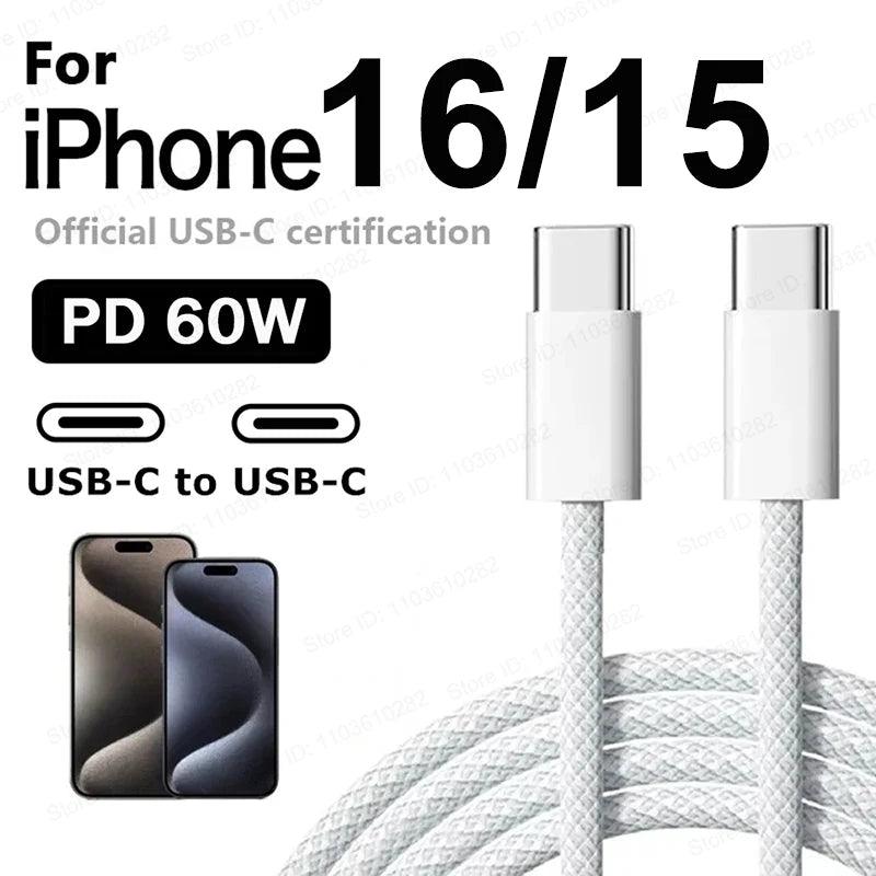 Cable de Carga Rápida USB-C a USB-C 60W – Potencia y Velocidad para iPhone 16, iPhone 15 - Carcasas Moviles