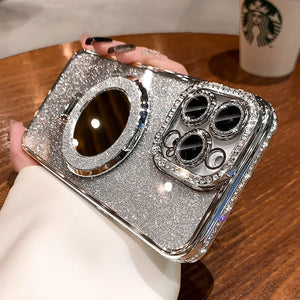 Funda Transparente Brillante con Diamantes y Soporte Magnético – Compatible con MagSafe para iPhone