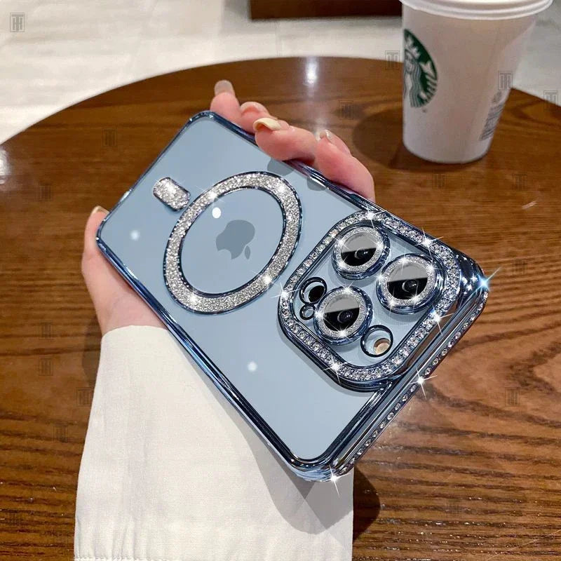 Funda con Brillantes y Strass para iPhone – Transparente, con MagSafe y Protección de Lente