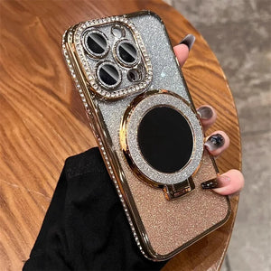 Funda Transparente Brillante con Diamantes y Soporte Magnético – Compatible con MagSafe para iPhone